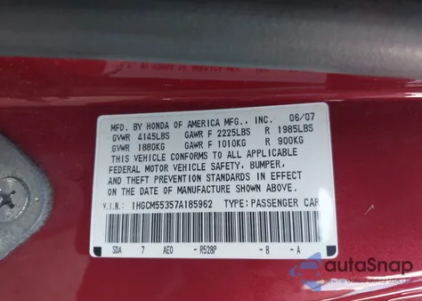2007 Honda Accord 2.4 Se z USA, uszkodzony, nr VIN 1HGCM55357A185962